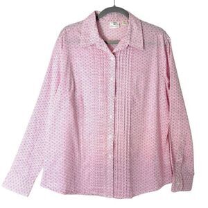 Riders by Lee XL pink print cotton pintuck slimming blouse shirt long sleeve